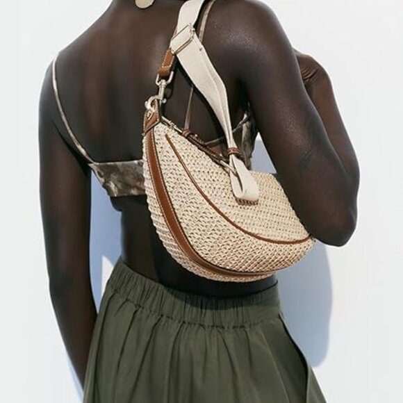 Neiman Marcus Khaki Beach Crescent Shoulder Bag - Picture 2 of 5